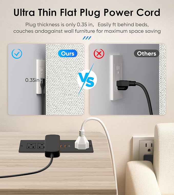 VILONG Flat Plug Recessed Power Strip with PD 20W USB-C, Flush Mounted Drawer Outlet, 4 AC Outlets & 3 USB Ports, Conference Desktop Built in Power Strip, 10FT Extension Cord(Black)