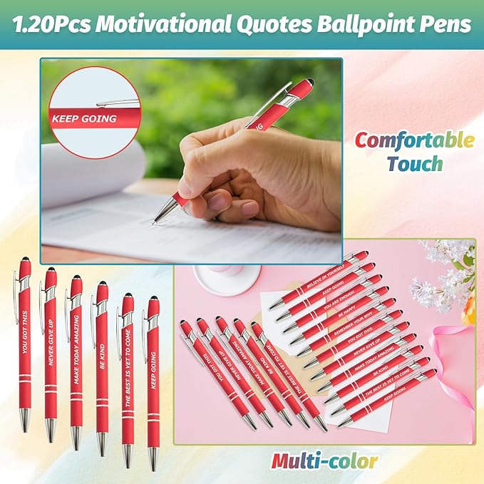 20 Piece Inspirational Pens Kit with Stylus Tip & Sayings – 10 Motivational Pen + 10 Individual Bags – Uplifting Quote & Positive Ideas – For Teachers, Office, School, Meetings, Team (Christmas Red)