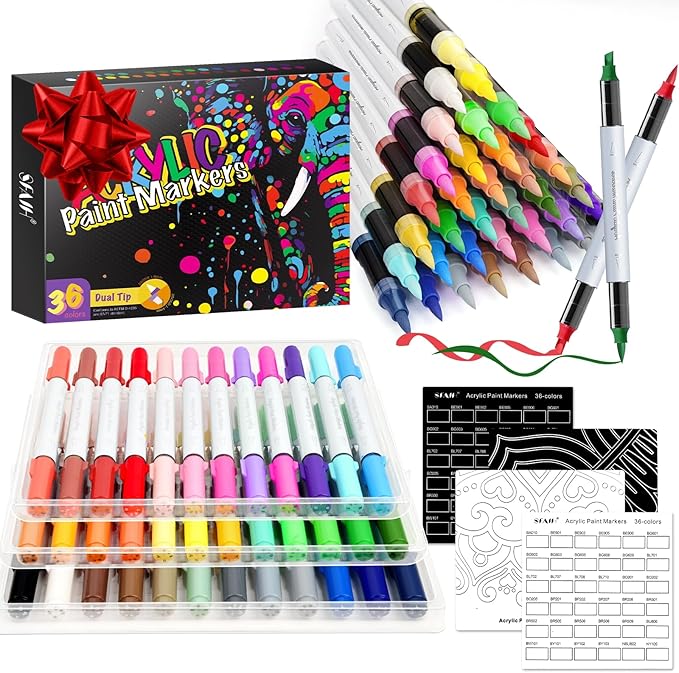 SFAIH Christms Gifts Acrylic Paint Markers, 36 Colors Dual Tips Acrylic Brush Markers With Chisel Tip, Automatic Ink Control, Ultra-High Coverage, No Bleed Ink, Art Supplies for Rock, Canvas, Fabric