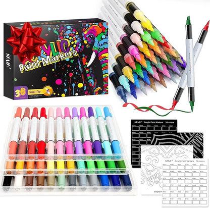 SFAIH Christms Gifts Acrylic Paint Markers, 36 Colors Dual Tips Acrylic Brush Markers With Chisel Tip, Automatic Ink Control, Ultra-High Coverage, No Bleed Ink, Art Supplies for Rock, Canvas, Fabric