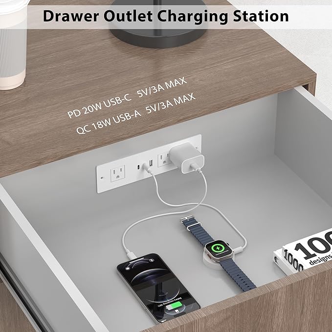 Furniture Drawer Outlet, Recessed Power Strip with (3) PD 20W USB Ports Fast Charging & (3) 15 Amp AC Outlets, (14 AWG) 5 FT White Spring Cord