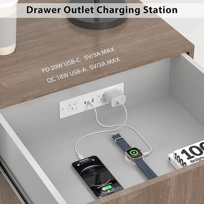 Furniture Drawer Outlet, Recessed Power Strip with (3) PD 20W USB Ports Fast Charging & (3) 15 Amp AC Outlets, (14 AWG) 5 FT White Spring Cord