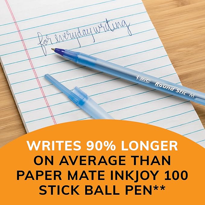 BIC Round Stic Xtra Life Blue Ballpoint Pens, Medium Point (1.0mm), 10-Count Pack of Bulk Pens, Flexible Round Barrel for Writing Comfort, No. 1 Selling Ballpoint Pens