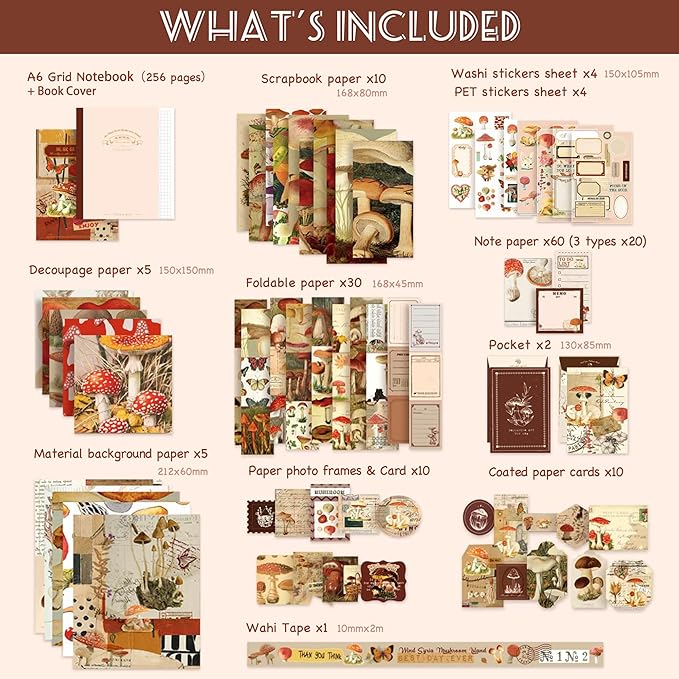 Aromoty Scrapbooking Supplies Kit, Aesthetic Vintage Scrapbook Kit for Bullet Junk Journal A6 Grid Notebook Stationary Journaling Supplies Mushroom DIY Craft Birthday Gifts for Women Kid Teen Girl