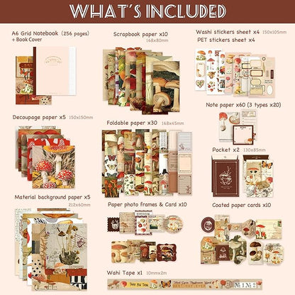 Aromoty Scrapbooking Supplies Kit, Aesthetic Vintage Scrapbook Kit for Bullet Junk Journal A6 Grid Notebook Stationary Journaling Supplies Mushroom DIY Craft Birthday Gifts for Women Kid Teen Girl