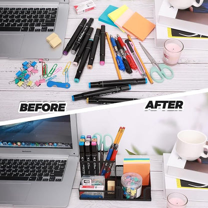 Ludato 4 Pieces 3 Compartments Mesh Pen Holder Desk Organizers Caddy and Accessories for Desk,Black Pencil Holder,Sticky Notes Holder for Home,Office and School