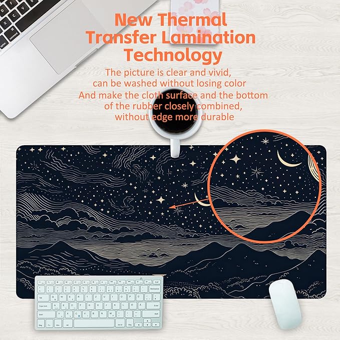 Desk Pad, Beautiful Night Sky Desk Mat, Line Stars and Moon Large Gaming Mouse Pad for Desk, 31.5"x15.7" Extended Big Computer Keyboard Mouse Pad with Non-Slip Base and Stitched Edge