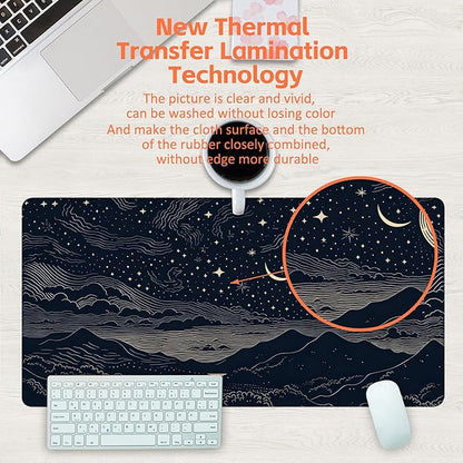 Desk Pad, Beautiful Night Sky Desk Mat, Line Stars and Moon Large Gaming Mouse Pad for Desk, 31.5"x15.7" Extended Big Computer Keyboard Mouse Pad with Non-Slip Base and Stitched Edge