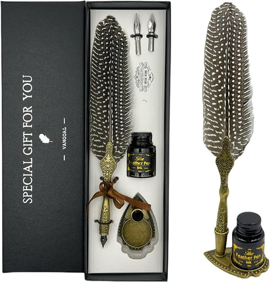 VANGOAL Vintage Feather Pen and Ink Set, Classic Series Pheasant Quill Pen with Carving Pen Stand, Calligraphy Pen Nibs, Black Dip Pen Ink, Antique Writing Gift for Writer