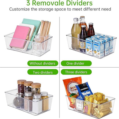 wilfox Pantry Organizer, 7 Pack Clear Bins with Removable Dividers, Pantry Organizers and Storage, Fridge and Cabinet Organizer for Snack, Pouches, Spice Packets