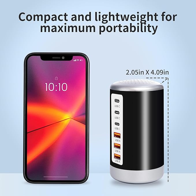 60W USB Charging Station, 6-Port (3 USB-A & 3 USB-C) Compatible with iPhone 15/14/13/12/11, Tablets, Smartphones Black