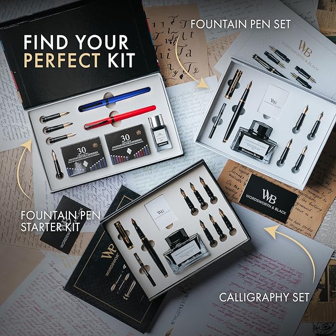 Wordsworth and Black Fountain Pen Set - Blue - Includes 2 Pens, 18 ML Ink Bottle, 60 Ink Cartridges, A Refill Converter, 1 Medium and 4 Broad Nibs, Brush Pen - Fountain Pen Kit for Beginners
