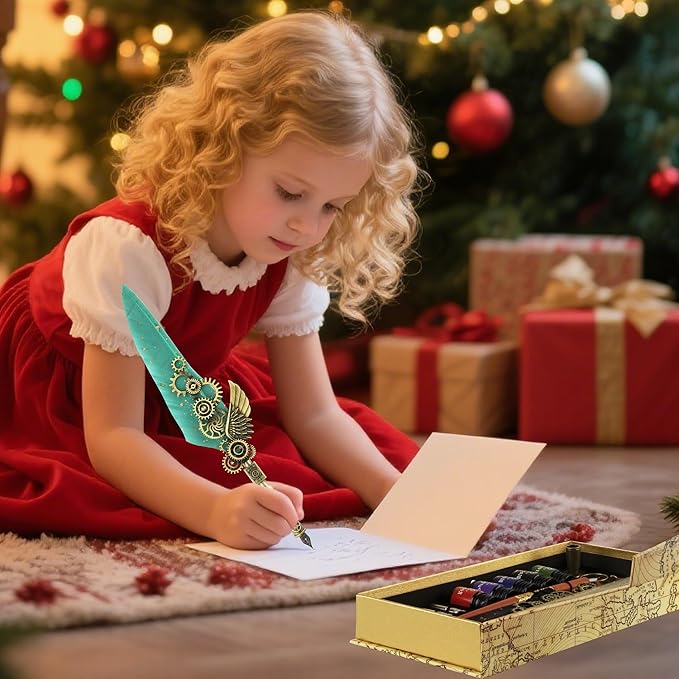 Feather Pen and Ink Set Calligraphy Kit for Beginners with Quill Pen, Antique Vintage Stationary Set for Writing, Signing & Hand Lettering Art