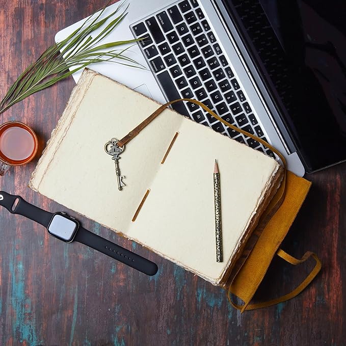 LEATHER VILLAGE Vintage Leather Journal – 200 Handmade Vintage Deckle Edge Paper – Leather bound Journal For Women Men – Vintage Key Closure - Book of Shadows - Cappuccino Brown - 10X7 inches