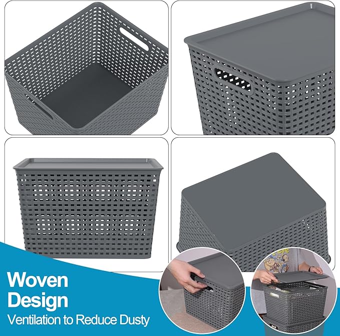 6-Pack Large Plastic Storage Baskets Bins with Lid, Ideal for Barthroom, Kitchen, Pantry, Closets, Organizing, Gray