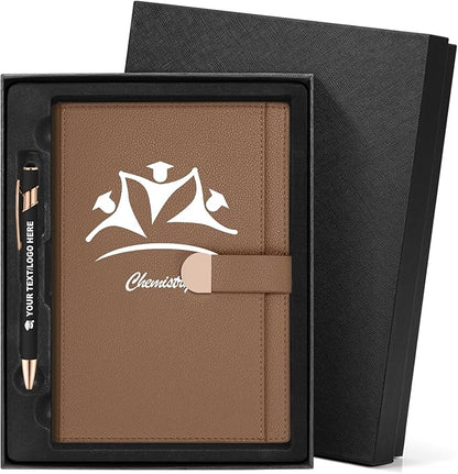 ENOMY Personalized A5 Notebook Set 300 Pages Custom Notebook PU Leather Personalized Journal with Storage Pocket for Writing College Office Business Gift, Brown