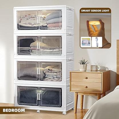 FINCHESCLUB 752QT Extra Large Stackable Storage Bins with Lids, 188Gal Foldable Storage Bins with Doors and Wheels, Collapsible Closet Organizers for Home Office, Christmas Gifts - 4 Pack - White