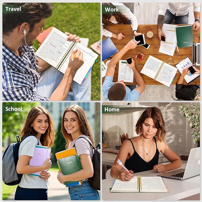 Hardcover Spiral Notebook Journal, 8"x10" Large B5 Notebooks with Removable Dividers Tabs, 300 Pages Leather 5 Subject Notebook College Ruled, Journal for Work School Note, 100 GSM Thick Paper,Green.