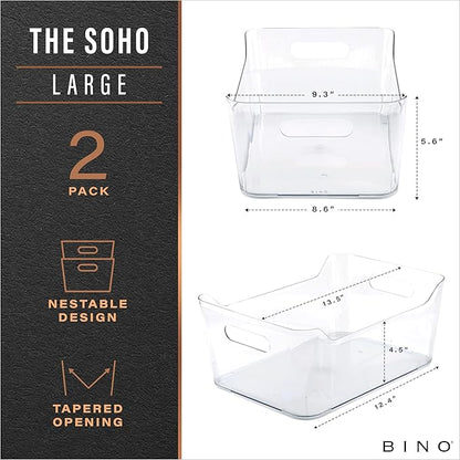 BINO | Plastic Storage Bins, Large - 2 Pack, Clear | THE SOHO COLLECTION | Pantry Organizers and Storage Containers | Fridge Organizer Bins | Kitchen Cabinet Organizer | Medicine Cabinet Bin