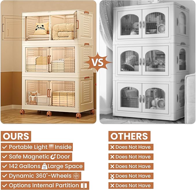 FINCHESCLUB 568QT Large Stackable Storage Bins with Lids, 141Gal Foldable Storage Bins with Doors and Wheels, Collapsible Closet Organizers for Home Office, Christmas Gifts - 3 Pack - Off White