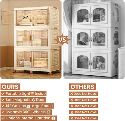 FINCHESCLUB 568QT Large Stackable Storage Bins with Lids, 141Gal Foldable Storage Bins with Doors and Wheels, Collapsible Closet Organizers for Home Office, Christmas Gifts - 3 Pack - Off White