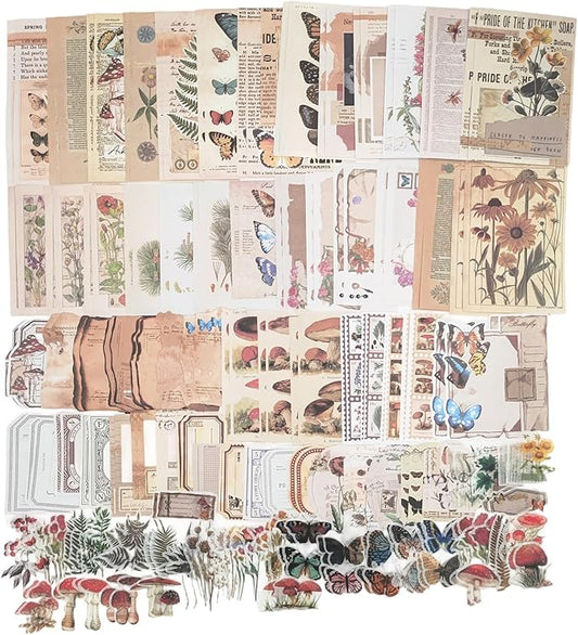 200PCS Vintage Scrapbooking Supplies Kit for Journaling, Scrapbook Sticker Paper Pack for for Bullet Journals Junk Journal Planners Aesthetic Cottagecore Room Decor Wall Art Collage Album (Nature)