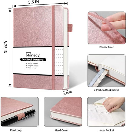 Annecy Numbered Bullet Dotted Journal Notebook, Medium 5.5x 8.25, 160 Pages 100GSM Writing Paper, A5 Rose Gold Faux Leather Cover with Pen Loop