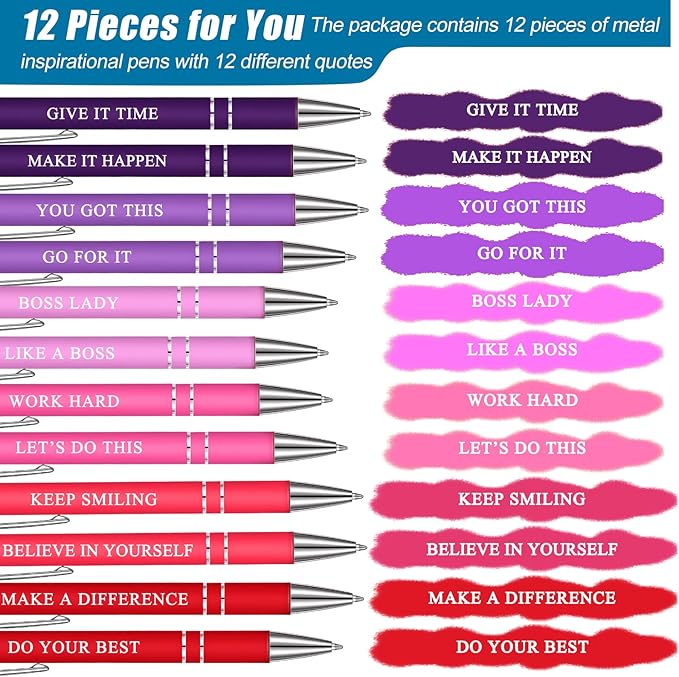 Zonon 12 Pcs Inspirational Pens Bulk Funny Ballpoint Pen with Stylus Tip Motivational Gifts for Christmas Teacher Coworkers Nurse School Office Supplies(Pink Purple Colors,Boss Lady)
