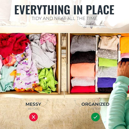 RAPTUROUS Adjustable Deep Drawer Divider – 5" Tall, Expandable 13-22", 4-Pack, Non-Slip Drawer Dividers for Clothes, Dresser, Kitchen & Office Organization (White)