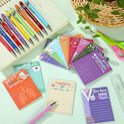 Geyee 24 Pcs Nurse Sticky Notes with Funny Pens Fun Notepads for Adults Coworkers Nurse 3 x 4 Inch to Do List Notepads with Sayings Pen for Lab Week Gifts Teacher Office Supplies