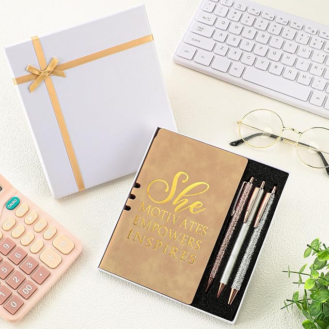 5 Pcs Boss Gifts for Women Set Leather Journal Ballpoint Pens with Box Thank You Employee Appreciation Thanksgiving Christmas Gifts for Female Leader Birthday Bestie Coworker (Khaki)