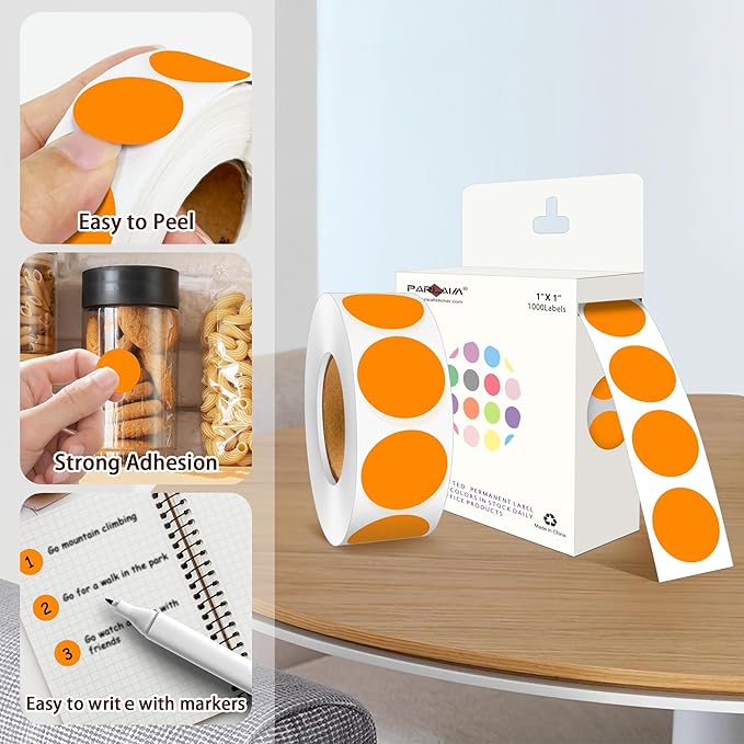 PARLAIM 1 Inch Round Color-Code Dot Stickers,10000per/10 Rolls dots Label Dispenser Box, Orange Circle Stickers Label for Office Home (Orange)
