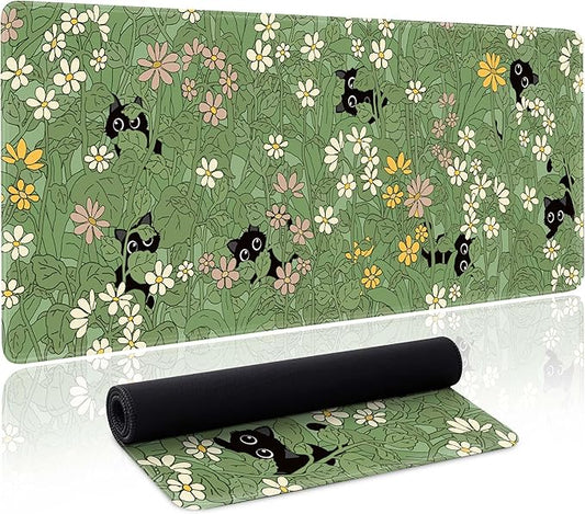 Cute Cat Mouse Pad Large Green Desk Mat Extended Keyboard Mouse Pad Kawaii Mousepad with Non-Slip Base and Stitched Edge Plant Mouse Mat Desk Pad 31.5 x 11.8 in Mouse Pads for Decor Home Office Gaming