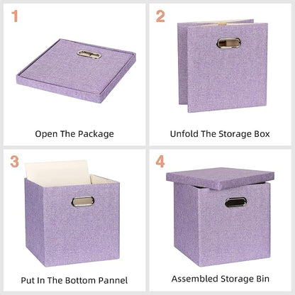 Storage Bins with Lids, Collapsible Linen Fabric Boxes Organizer Containers with Lid Foldable Storage Box Basket for Closet, Shelves, Home, Office, 12 x 12 x 12.4 Inch, 4 Pack, Purple