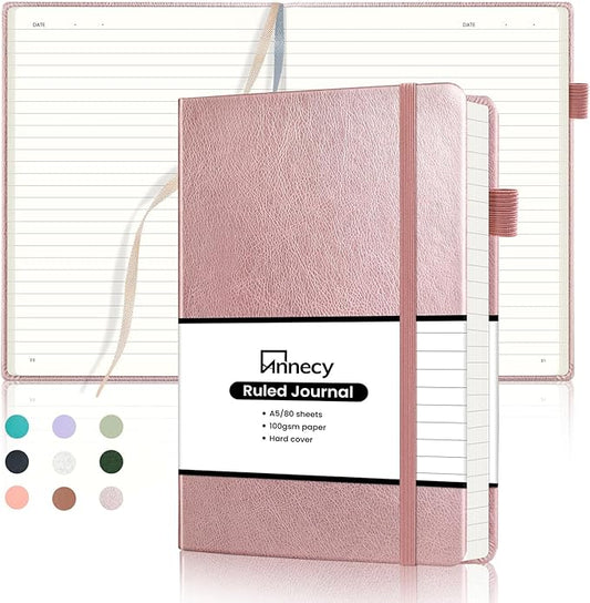 Annecy Lined Journal Notebook, Hardcover Leather Journal for Women & Men, 160 Numbered Pages, Medium 5.5" x 8.25", 100 GSM Thick Paper, Rose Gold