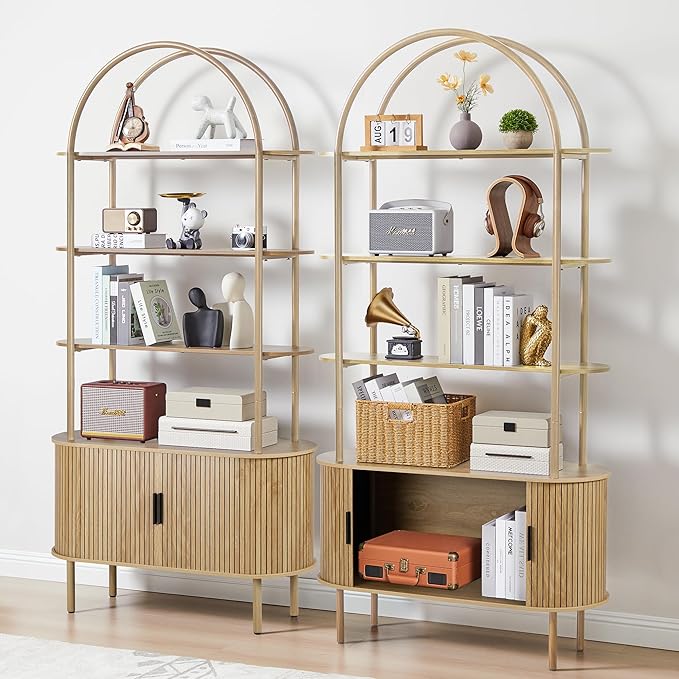 79" Tall Arched Bookshelf with Sliding Tambour Doors, Mid Century Modern Curved Bookcase Cabinet with Storage, 4-Tier Open Display Storage Shelf for Home Office, Living Room (Natural, 79inch)