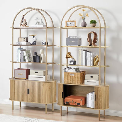 79" Tall Arched Bookshelf with Sliding Tambour Doors, Mid Century Modern Curved Bookcase Cabinet with Storage, 4-Tier Open Display Storage Shelf for Home Office, Living Room (Natural, 79inch)