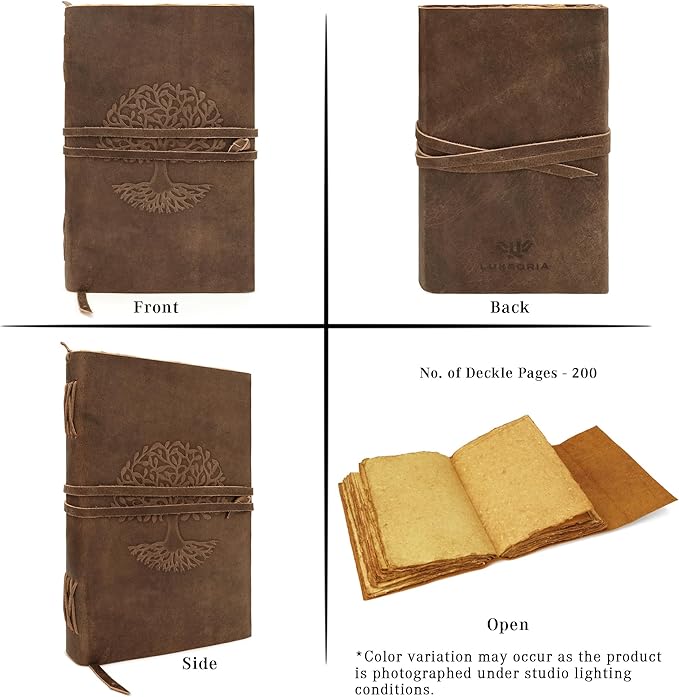 LUXEORIA Tree Of Life Leather Journal for Women and Men, Handcrafted Leather Journal for Writing Womens, Sketchbook, Travel Diary with Unlined Deckle Paper, Distressed Brown 8x13