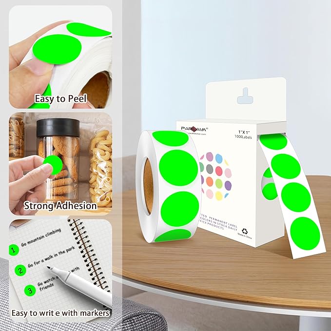 PARLAIM 1 Inch Round Color-Code Dot Stickers,10000per/10 Rolls dots Label Dispenser Box, Fluorescent Green Circle Stickers Label for Office Home (Fluorescent Green)