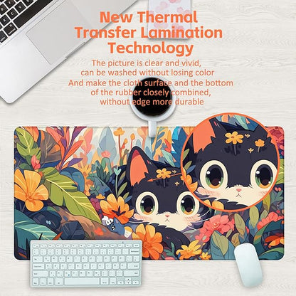 Desk Mat, Black Cat Among Flowers Desk Pad, Cute Cat Large Gaming Mouse Pad, 31.5"x15.7" Extended Big Computer Keyboard Mouse Pad with Non-Slip Base and Stitched Edge