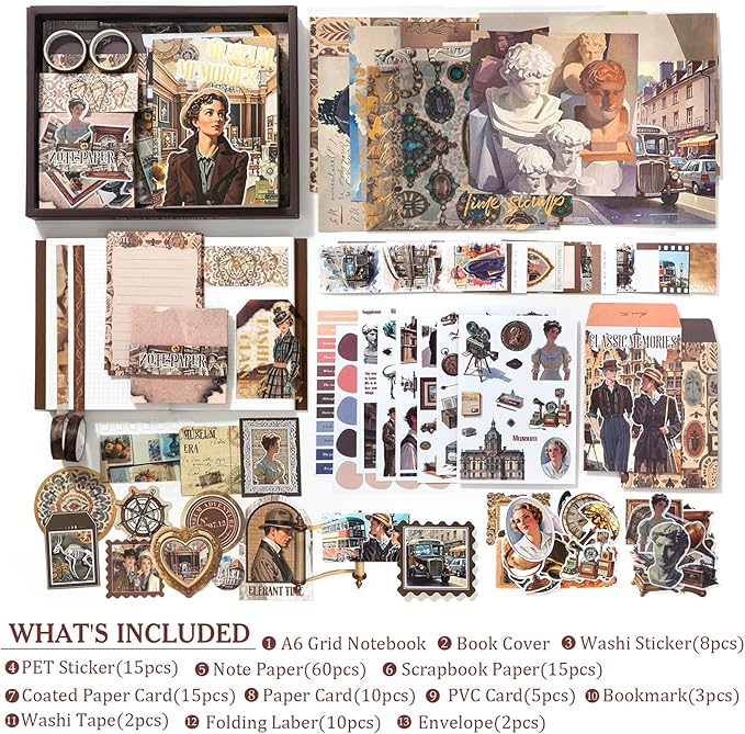 Scrapbooking Supplies Kit: Vintage Aesthetic Scrapbook Kit, Junk Journal Supplies with Scrapbook Stickers Paper, Journaling Supplies, Birthday Craft Gift for Adult Teen Girls Kid, Museum Memories