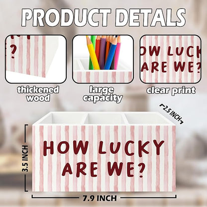Pink Inspirational Pen Pencil Holder Organizer for Desk, Thank You Gifts for Women, Pink Striped How Lucky Are We Motivational Wooden Box Sign for Home Office Desk Tabletop Decorations