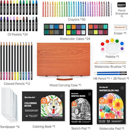 Shuttle Art 106 Piece Deluxe Art Set, Art Supplies in Wooden Case, Painting Drawing Art Kit with Crayons Colored Pencils Oil Pastels Watercolor Cakes Coloring Book Sketch Pad for Kids Adults