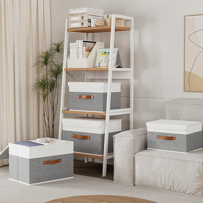 Yawinhe Storage Bins with Lids, Fabric Foldable Boxes, Washable and Leather Handle, Cube Organizer Basket for Home, Closet, White/Grey, 17.7''Lx11.8''Wx11.8''H, 1-Pack, USNK024WGX-1