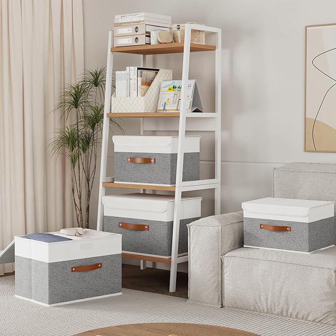Yawinhe Storage Boxes with Lids, Linen Fabric Bin, Cube Organizer Basket, Washable and Leather Handle, for Home, Closet, White/Grey, 15.0''Lx9.8''Wx9.8''H, 5-Pack, USNK024WGL-5