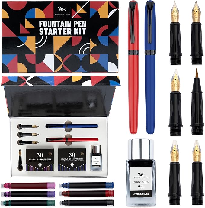 Wordsworth and Black Fountain Pen Set - Blue - Includes 2 Pens, 18 ML Ink Bottle, 60 Ink Cartridges, A Refill Converter, 1 Medium and 4 Broad Nibs, Brush Pen - Fountain Pen Kit for Beginners