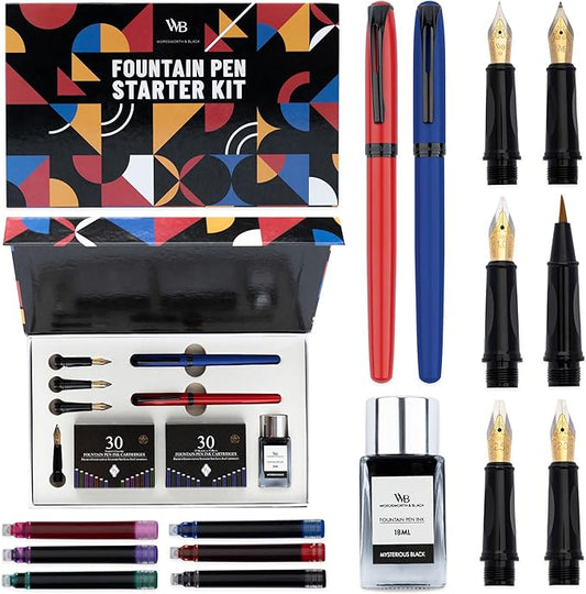 Wordsworth and Black Fountain Pen Set - Blue - Includes 2 Pens, 18 ML Ink Bottle, 60 Ink Cartridges, A Refill Converter, 1 Medium and 4 Broad Nibs, Brush Pen - Fountain Pen Kit for Beginners