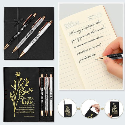 5 Pcs Work Besties Gifts for Women Set Leather Journal Ballpoint Pens with Box Thank You Appreciation Gift for Thanksgiving Christmas Birthday Work Bestie Gifts Coworker Friend (Black)