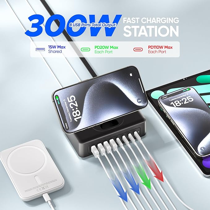 11-in-1 Charging Station USB-C Power Strip, 300W USB C Charger Block, 2AC Outlets 8USB Ports(4USB-C) Surge Protector, 5FT Flat Plug Extension Cord, PD110W Desktop Fast Charging for Home Office, Black