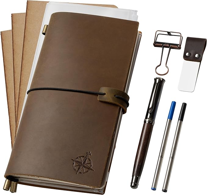 WANDERINGS Regular Size Travelers Notebook/Handcrafted Genuine Leather Journal - 4.5"x8.5" / 11.5cm x 22cm - Includes a Pen Holder with a Pen and 2 extra Ink Refills, a PVC Folder, and a Binder Clip